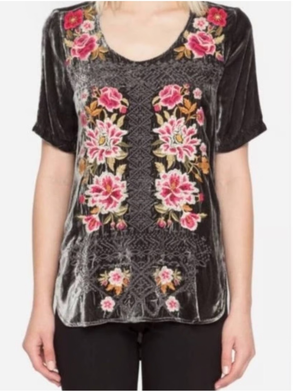 Johnny Was Hila Velvet Embroidered Tunic Blouse in Floral Silk Blend Size L